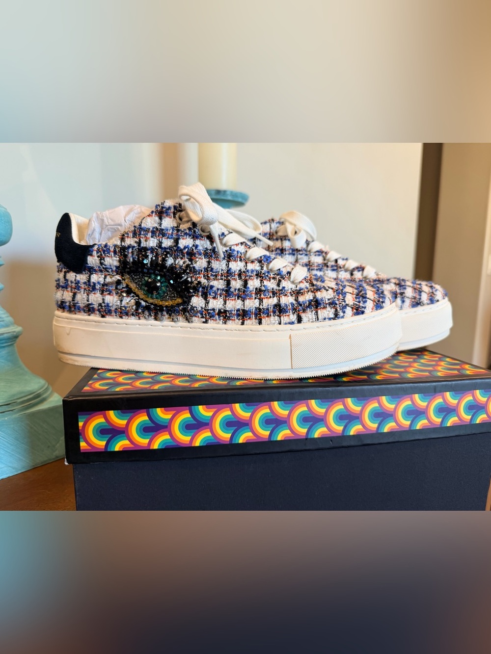 KURT GEIGER LANEY EYE TWEED PLATFORM SNEAKERS W BOX SZ 10 WOMEN